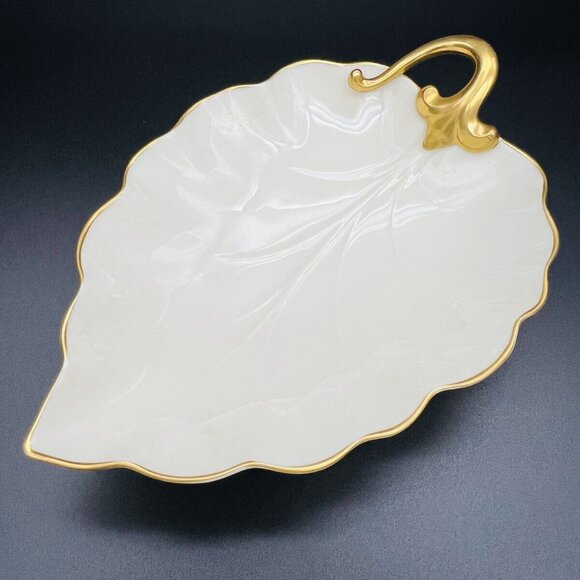 Vintage Lenox Leaf Dish Hand Painted 24K Gold TrimBone China Trinket Candy 7.5” - Picture 3 of 7